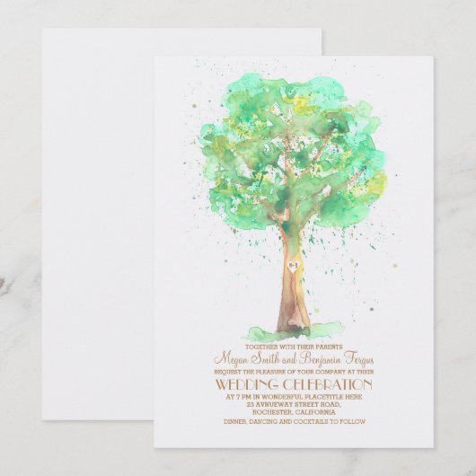 Romantische Love Tree Waterverf Huwelijksuitnodigi Kaart (Voorkant / Achterkant)