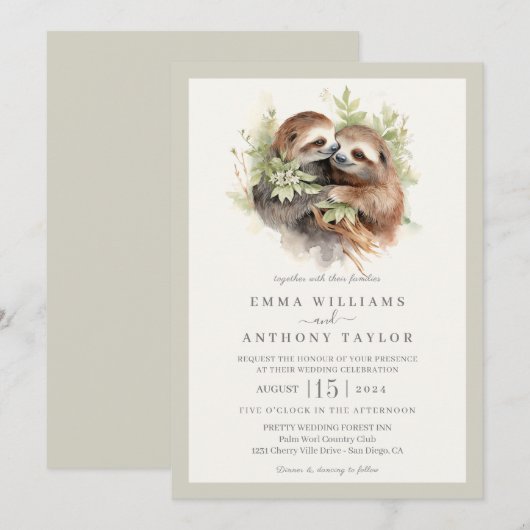 Romantische luiaard paar bruiloft uitnodiging (Voorkant / Achterkant)