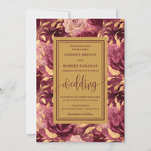 Romantische Luxe Diep Rood Goud Bloemen Huwelijk Kaart (Voorkant)