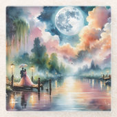 Romantische maanlicht Waterverf nachtscène Glazen Onderzetter (Voorkant)