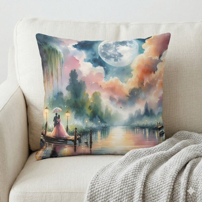 Romantische maanlicht Waterverf nachtscène Kussen (Romantic Moonlight Watercolor Night Scene Throw Pillow Mockup A)