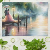 Romantische maanlicht Waterverf nachtscène Theedoek (Gevouwen)