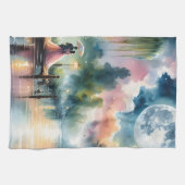 Romantische maanlicht Waterverf nachtscène Theedoek (Horizontaal)