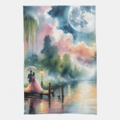 Romantische maanlicht Waterverf nachtscène Theedoek (Verticaal)