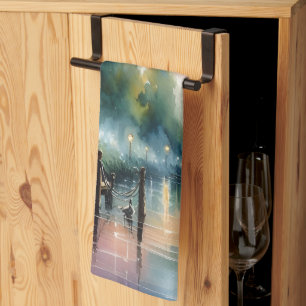 Romantische maanlicht Waterverf nachtscène Theedoek