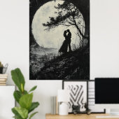 Romantische Maanverlichte Omhelzing - Charcoal Sty Poster (Thuiskantoor)