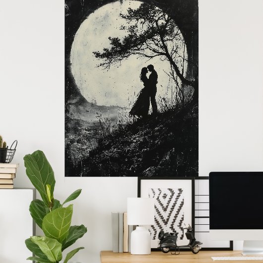 Romantische Maanverlichte Omhelzing - Charcoal Sty Poster (Thuiskantoor)