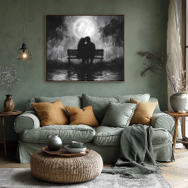 Romantische maanverlichte silhouet op een Park Ben Poster