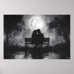Romantische Maanverlichte Silhouet op een Parkbank Poster