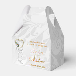 Romantische madelief, gouden hart & witte lint bedankdoosjes