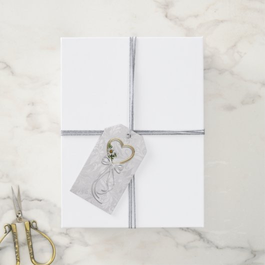 Romantische madelief, gouden hart & witte lint cadeaulabel (Met Touw)