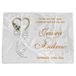Romantische madelief, gouden hart & witte lint groot cadeauzakje