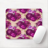 Romantische magenta-Rozen en goudbladeren op stran Muismat (Met muis)