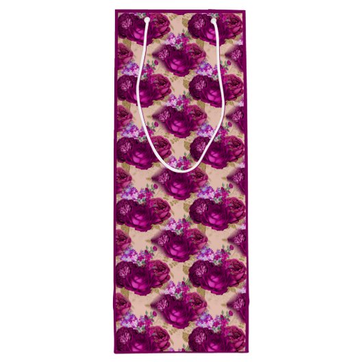 Romantische magenta-Rozen en goudbladeren op stran Wijn Cadeautas (Achterkant)