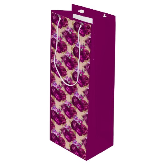 Romantische magenta-Rozen en goudbladeren op stran Wijn Cadeautas (Voorkant Gekanteld)