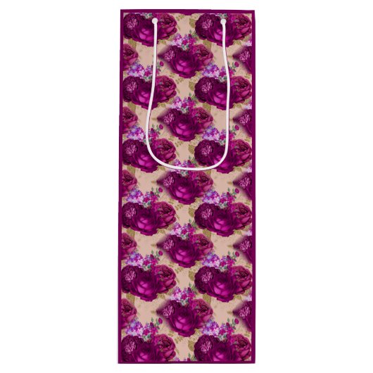 Romantische magenta-Rozen en goudbladeren op stran Wijn Cadeautas (Voorkant)