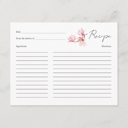 Romantische Magnolia Vrijgezellenfeest Recept Kaar Informatiekaartje (Voorkant)