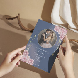 Romantische Marine Blauw & Blush Roze Huwelijk Kaart