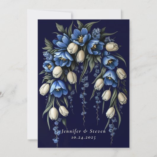 Romantische marine blauw en wit tulp bruiloft kaart (Achterkant)