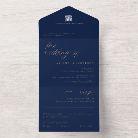 Romantische marine blauw goud delicate script brui all in one uitnodiging (Binnen)