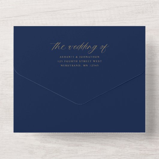 Romantische marine blauw goud delicate script brui all in one uitnodiging (Achterkant)