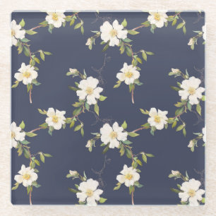 Romantische marine blauw wit bloemenbruiloft glazen onderzetter