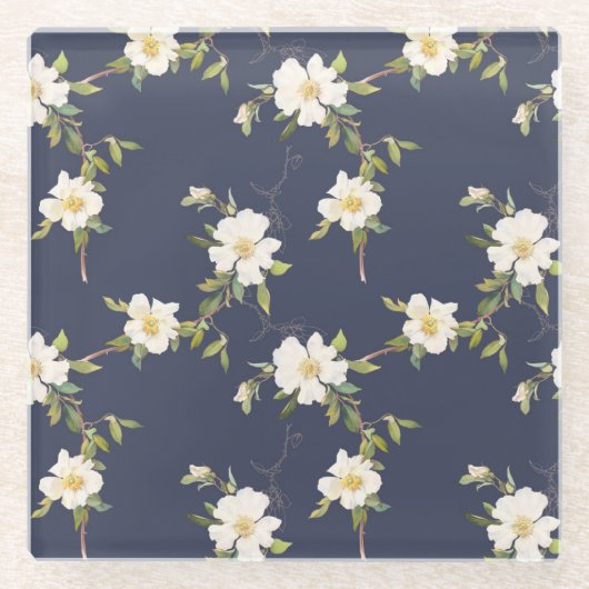 Romantische marine blauw wit bloemenbruiloft glazen onderzetter (Voorkant)