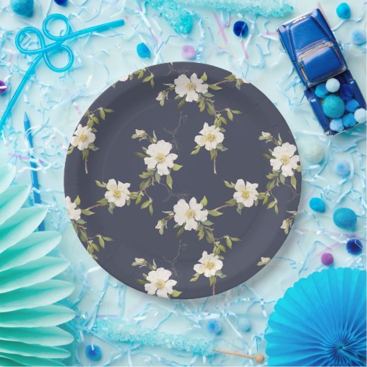 Romantische marine blauw wit bloemenbruiloft papieren bordje (Feest)