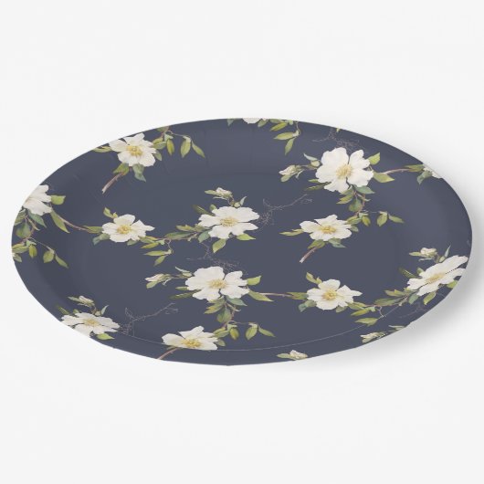 Romantische marine blauw wit bloemenbruiloft papieren bordje (Gekanteld)