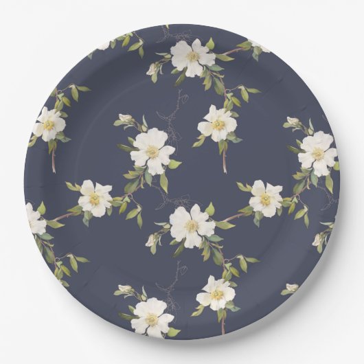 Romantische marine blauw wit bloemenbruiloft papieren bordje (Voorkant)