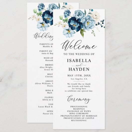 Romantische Marine Blauwe Bloemen Trouwen Flat Pro Programmakaart (Voorkant / Achterkant)
