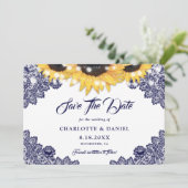 Romantische marine blauwe zonnebloem bruiloft save the date (Staand voorkant)