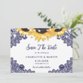 Romantische marine blauwe zonnebloem bruiloft save the date (Staand voorkant)