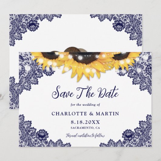 Romantische marine blauwe zonnebloem bruiloft save the date (Voorkant / Achterkant)