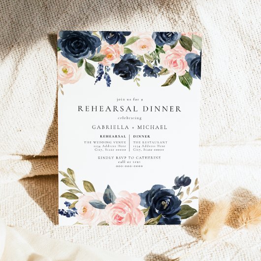 Romantische marine bloemenbruiloft repetitie diner kaart