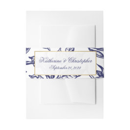 Romantische  marine Blue Gold Botanical Weddenscha Uitnodigingen Wikkel