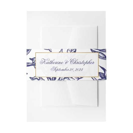 Romantische  marine Blue Gold Botanical Weddenscha Uitnodigingen Wikkel (Voorkant Voorbeeld)