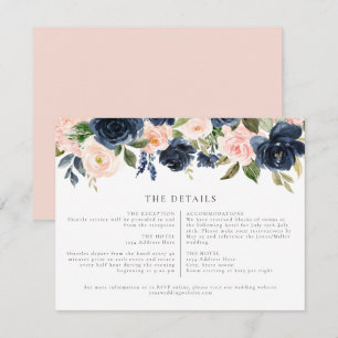 Romantische Marine Blush Bloemen Bruiloft Details  Kaart