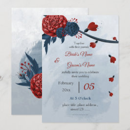 romantische marine en bordeaux bloemen bruiloft kaart