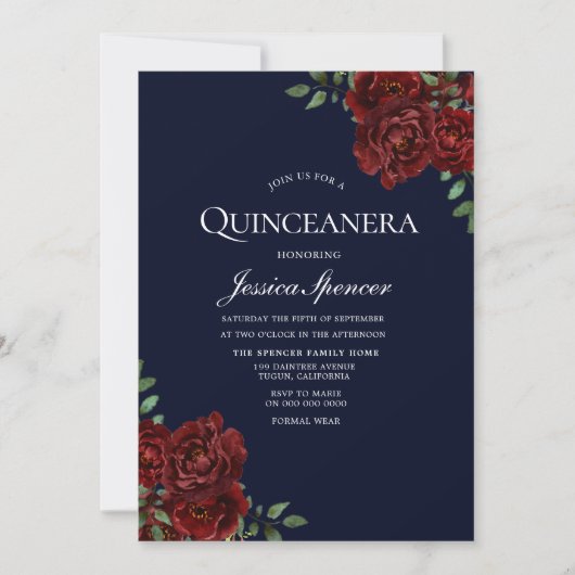 Romantische marine & Red Rose Quinceanera Invite Kaart (Voorkant)
