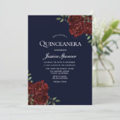 Romantische marine & Red Rose Quinceanera Invite Kaart (Staand voorkant)