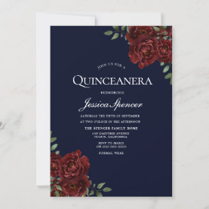 Romantische marine & Red Rose Quinceanera Invite Kaart
