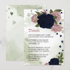 romantische marine & roze bloemen groenerige detai informatiekaartje