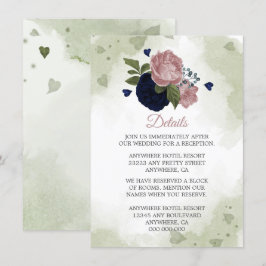 romantische marine & roze bloemen groenerige detai informatiekaartje