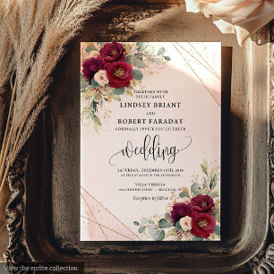 Romantische Maroon Gold Blush Flowers Elegant Huwe Kaart