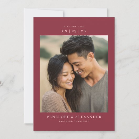 Romantische Maroon Minimalistische Foto Save The Date (Voorkant)