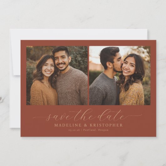 Romantische Maroon Rustieke Fotocollage Save The Date (Voorkant)