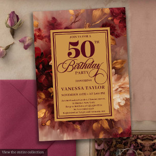 Romantische marsala blush gouden bloemen 50e verja kaart