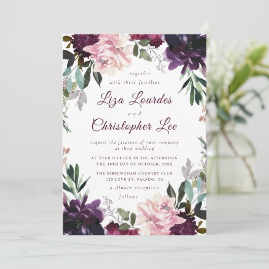 Romantische Marsala Bourgondië Bloemenbruiloft Kaart (Staand voorkant)