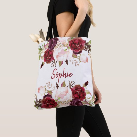 Romantische Marsala waterverf Bloemen Bruidsmeisje Tote Bag (Dichtbij)